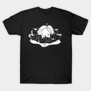 Anime Girl Hugging Many Black Cats T-Shirt